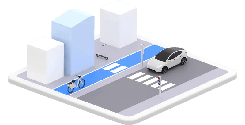 Illustration of a city scene with a car, bike, scooter, and moped sharing lane, representing CT Mobility's full-stack platform for free-floating vehicle sharing
