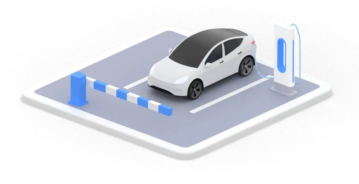 Illustration of an electric car charging at a CT Mobility station, symbolizing easy vehicle sharing among employees with telematics tracking and a booking app