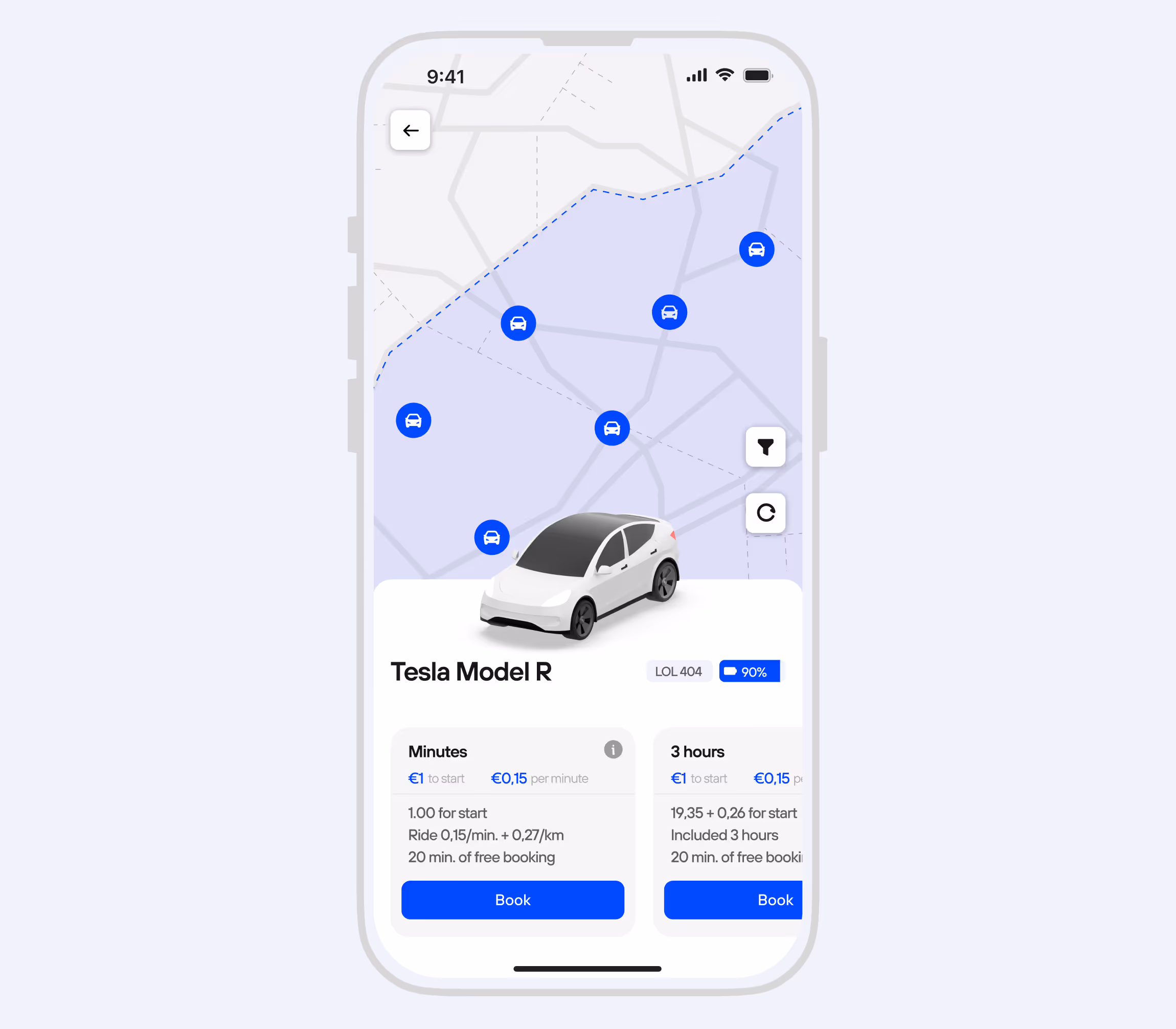 Branded vehicle booking app with Tesla Model R displayed, showing blue map markers for car locations and customizable features