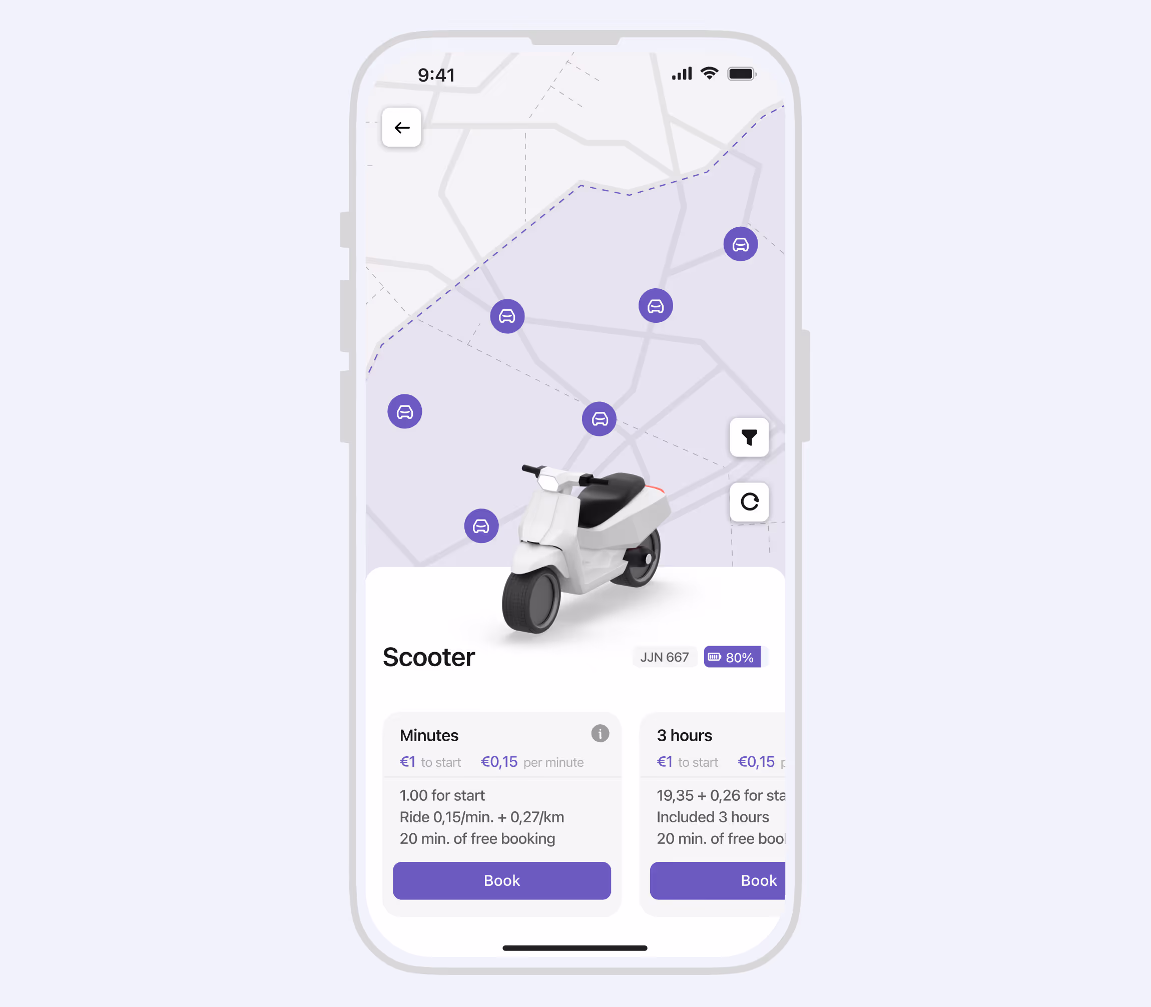 User app for car rentals featuring Touareg Hybrid, purple map markers, and personalized rental pricing