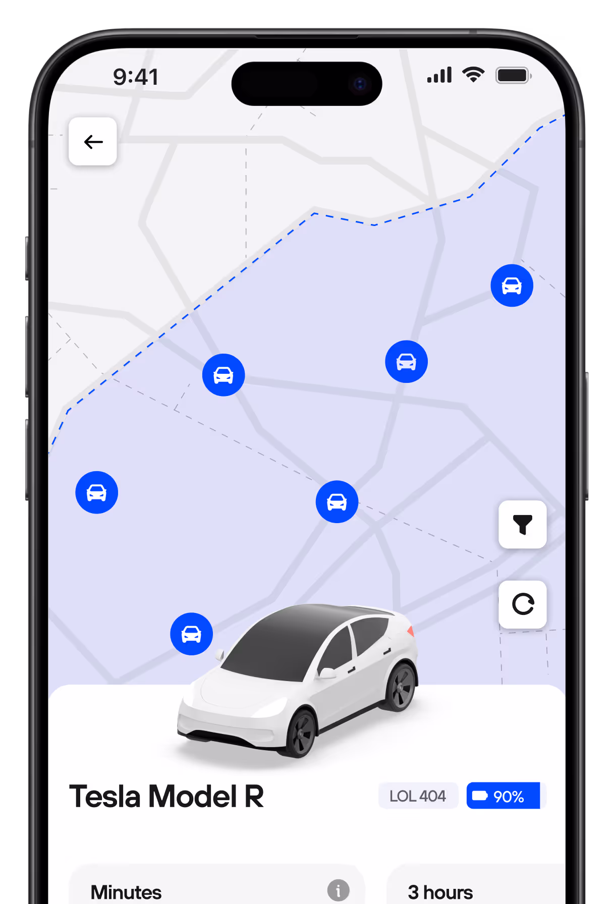 CT Mobility app offers a seamless car-sharing experience with Tesla Model R. Find cars on the map, check battery levels, and book instantly with ease