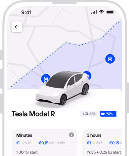 Mockup of a car-sharing app showcasing Tesla Model R with available rental options, pricing per minute and for 3 hours, and vehicle battery level displayed on an interactive map.