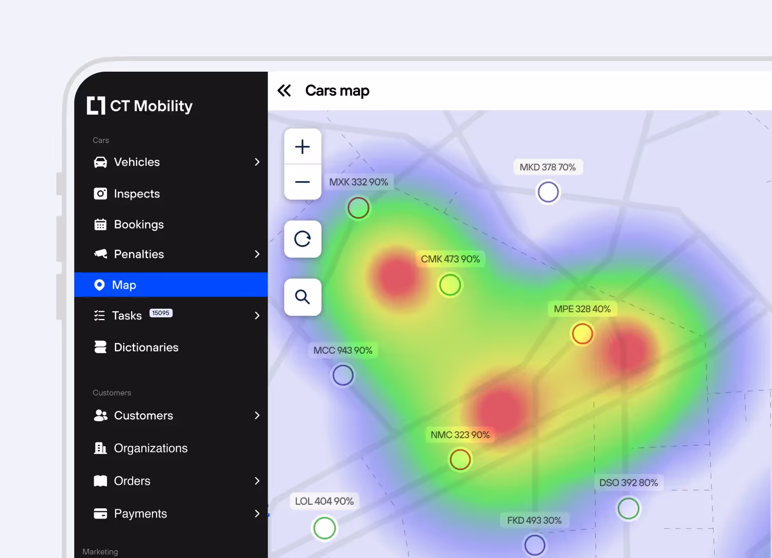 Analytics dashboard displaying fleet performance, heat maps, and efficiency metrics.