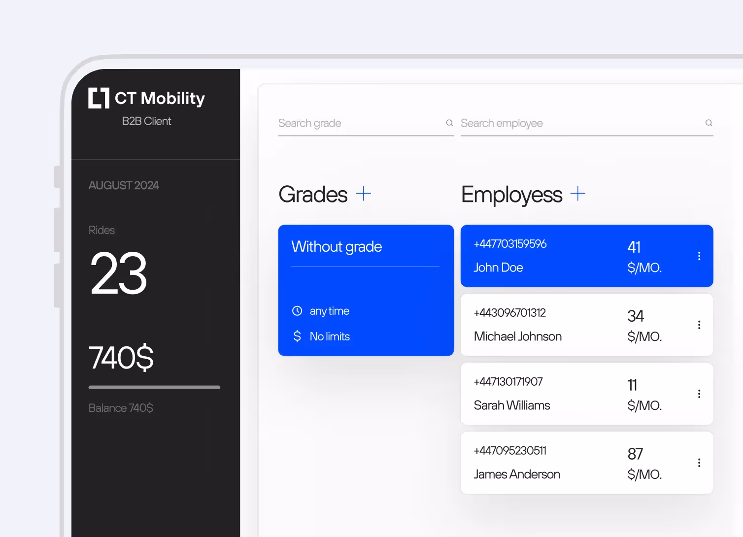 B2B portal for corporate clients with employee management and detailed reporting features.