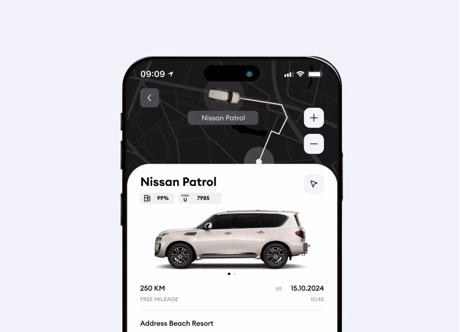 Car rental app interface with booking, monitoring, and payment functionalities.
