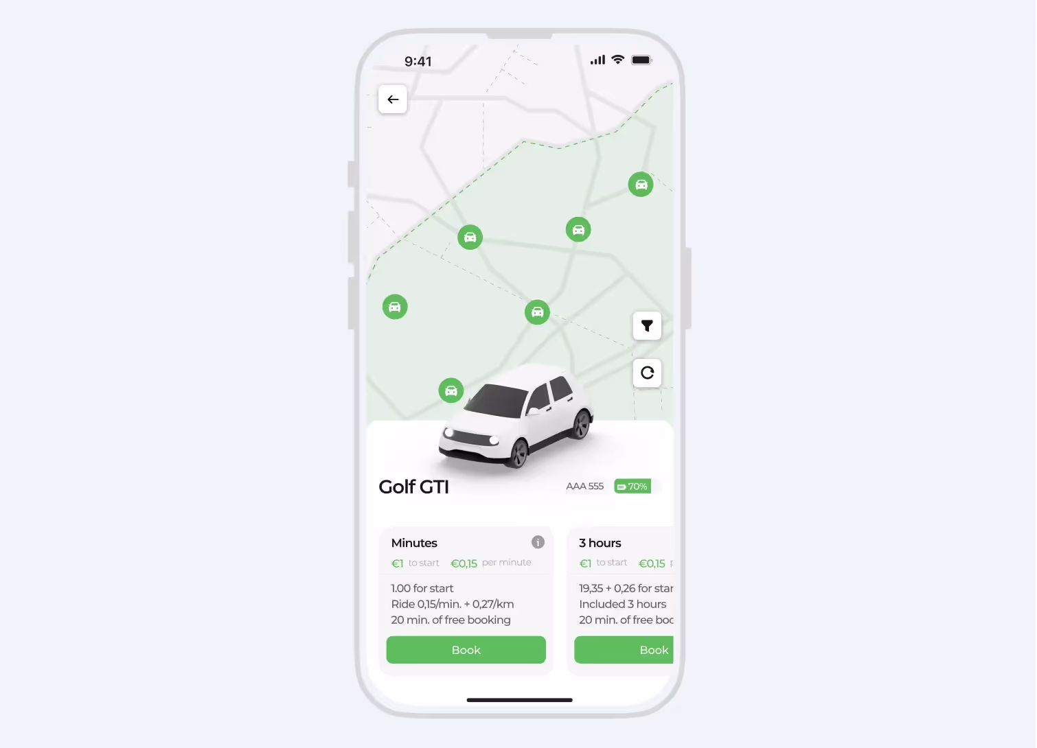 User app interface for booking cars, showing available vehicles on the map, pricing, and rental options