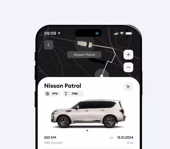 Car rental app interface with booking, monitoring, and payment functionalities.
