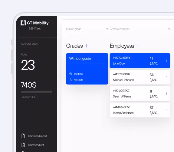 B2B portal for corporate clients with employee management and detailed reporting features.